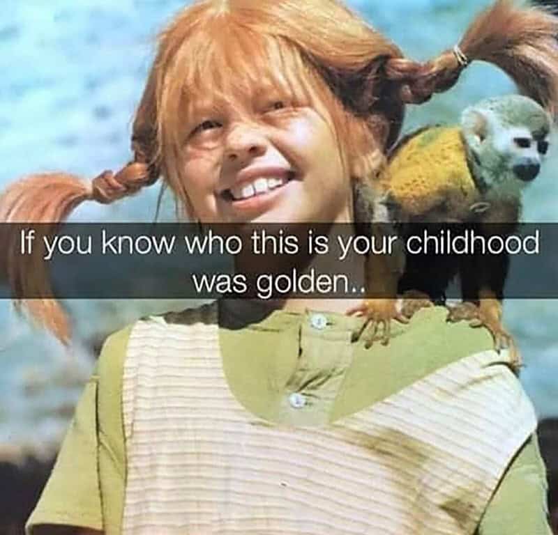 A golden-era Gen X meme featuring a close-up of Pippi Longstocking with her iconic red braids and a small monkey on her shoulder, captioned about having a "golden" childhood.