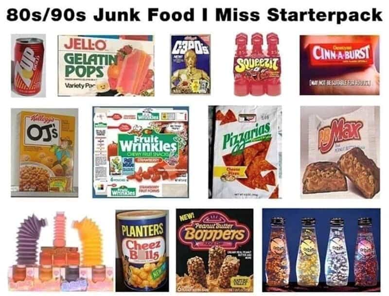 An "80s/90s Junk Food I Miss" Gen X meme starter pack, featuring Orbitz drinks, Squeezit, Cinn-A-Burst gum, Jello Gelatin Pops, and PB Max bars.