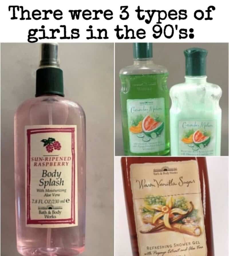 A definitive Gen X meme (bordering on millennial) showing the three iconic Bath & Body Works scents of the '90s: Sun-Ripened Raspberry, Cucumber Melon, and Warm Vanilla Sugar.