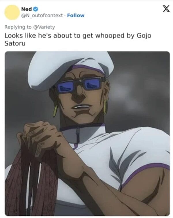 The anime character Miguel from Jujutsu Kaisen, sporting a white beret and signature glasses, is showcased as the animated lookalike for the viral John Travolta new face meme.