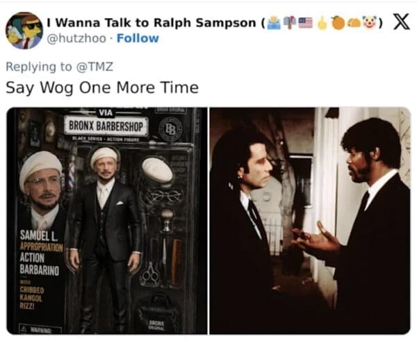 An action figure package mock-up named "Action Barbarino" features John Travolta's Cannes festival look complete with a white beret, paired with a classic Pulp Fiction scene to create a satirical John Travolta new face meme.