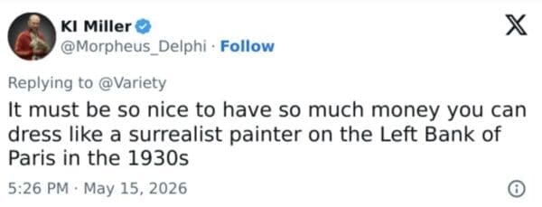 A viral social media commentary text box dryly observes that having extreme wealth allows people to dress like an eccentric 1930s surrealist painter from Paris, reacting to the trending John Travolta new face meme.
