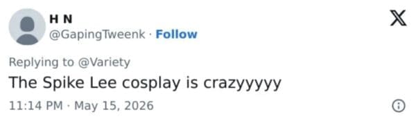 A minimalist text tweet comparing the celebrity's recent public wardrobe choices to an exaggerated Spike Lee cosplay, adding to the viral John Travolta new face meme discourse.