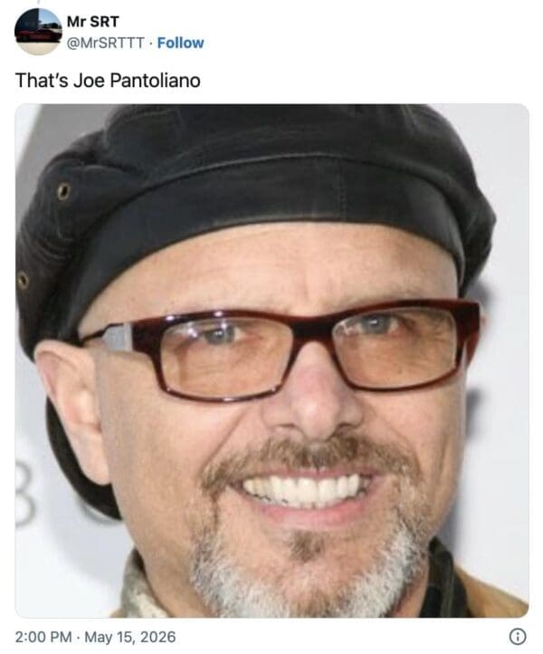 Character actor Joe Pantoliano wearing a leather beret and tinted glasses is presented side-by-side as a dead ringer lookalike in this John Travolta new face meme.
