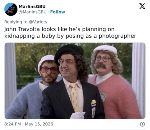 Comedic characters masquerading as suspicious photographers in berets are used as a visual punchline in this John Travolta new face meme poking fun at the actor's undercover aesthetic.