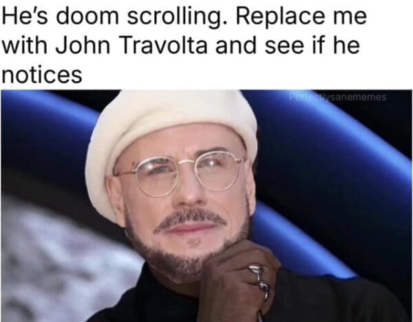 Ed Harris's master manipulator character from The Truman Show is edited with a face-swap photo of the celebrity, generating a viral John Travolta new face meme about internet doomscrolling.