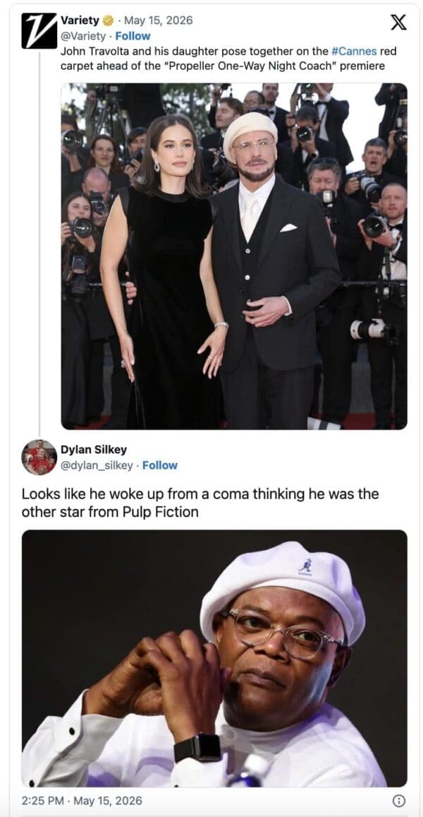A side-by-side comparison tweet contrasts John Travolta's Cannes red carpet look with co-star Samuel L. Jackson in a white Kangol hat, creating a funny John Travolta new face meme about Pulp Fiction identity confusion.
