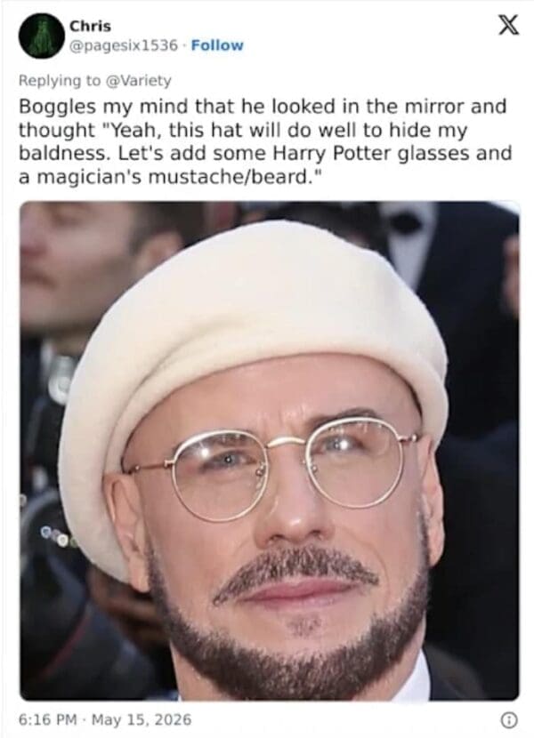 Ed Harris as Christof in The Truman Show is paired with John Travolta's beret-wearing look in a corporate comparison template, highlighting a John Travolta new face meme about his older French aesthetic.