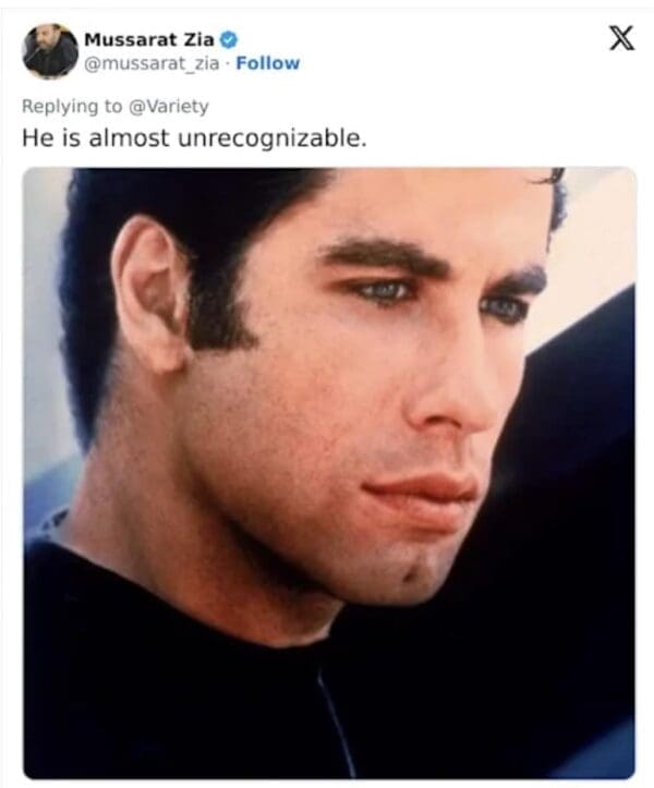 A classic, youthful portrait of John Travolta from his Grease era is used to starkly contrast his modern look on social media timelines.