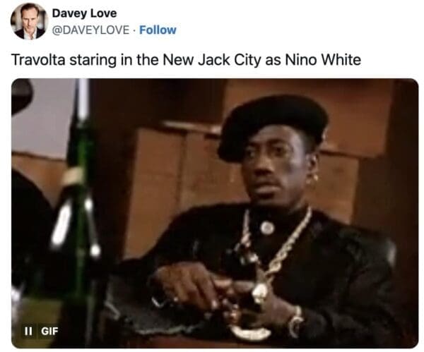 Wesley Snipes as Nino Brown in the movie New Jack City wearing a black beret and gold chains is compared to the actor's style in a humorous "Nino White" tweet.