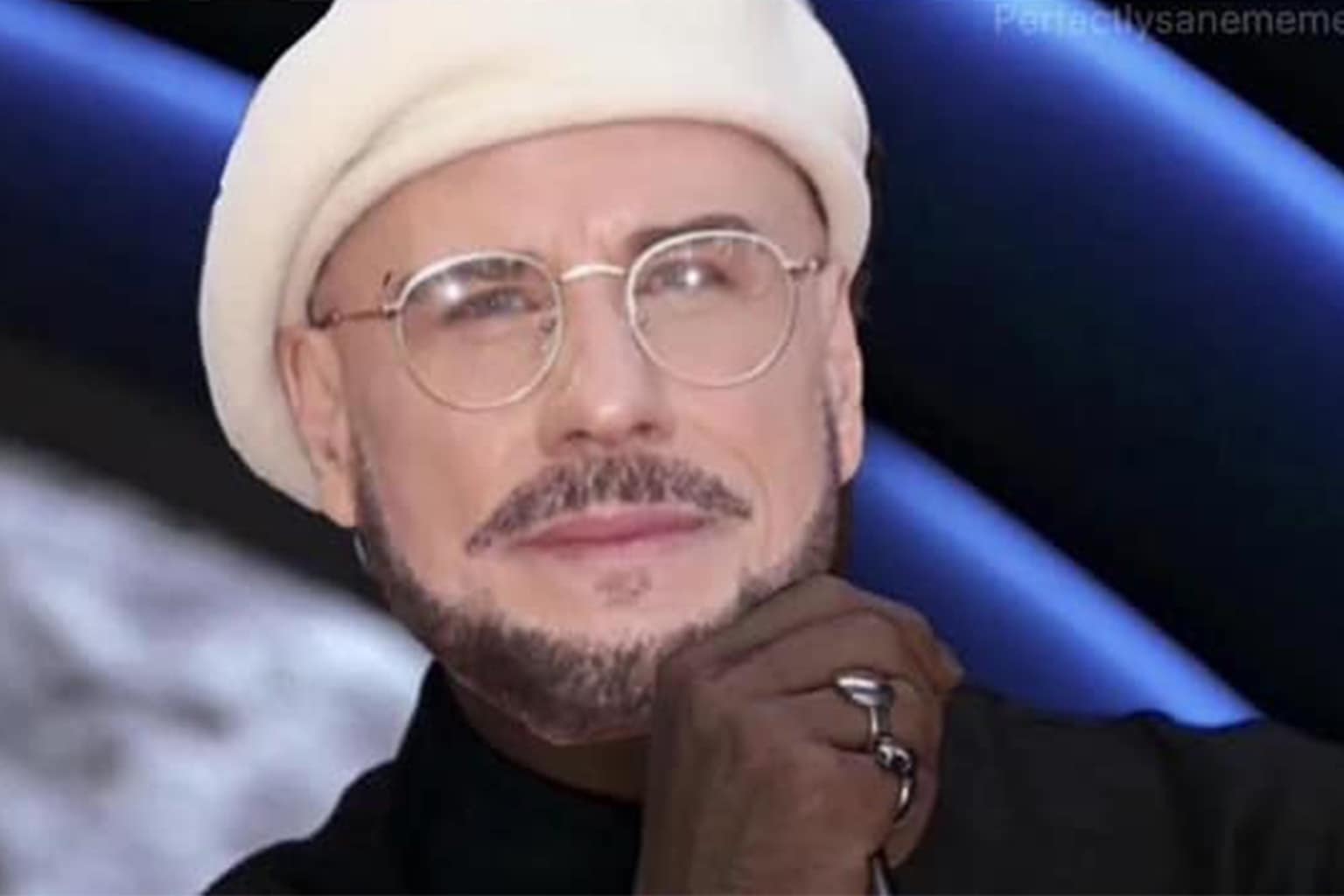 A John Travolta new face memes gallery compiling the internet's wildest reactions to the actor's 2026 Cannes look, highlighting his uncanny resemblance to Ed Harris in The Truman Show, an off-brand "Action Barbarino" action figure package, and a comparison to Samuel L. Jackson's signature Pulp Fiction beret style.