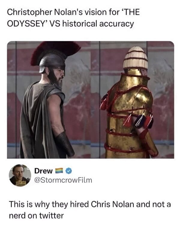 A two-panel comparison meme showing Nolan's "hollywood" version of Greek armor (sleek and cool) versus "historical accuracy" (the bulky, alien-looking Dendra panoply), with a tweet defending Nolan’s choice.