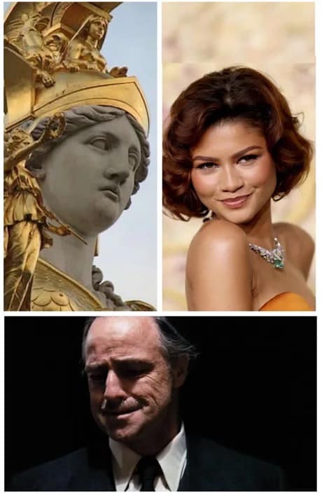 A collage comparing a classical statue of the goddess Athena to actress Zendaya, with a reaction shot of Marlon Brando crying below, likely debating the casting choices of the remake.
