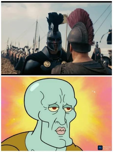 A two-panel meme showing a rugged Greek soldier in the rain, contrasted with the hyper-defined, chiseled face of "Handsome Squidward" from SpongeBob.