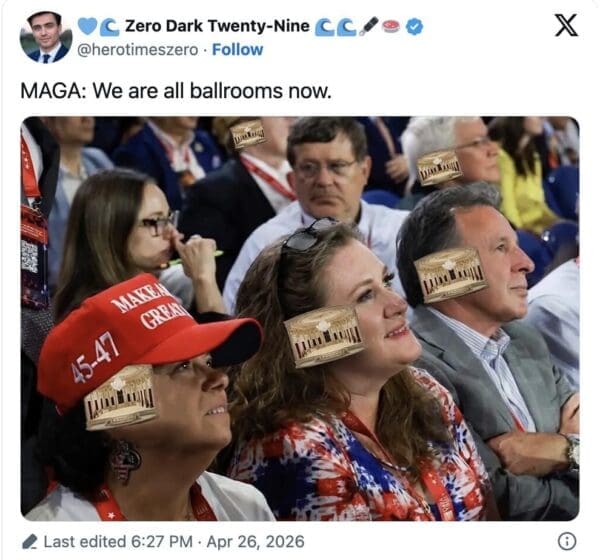 A political rally crowd photo is edited with miniature architectural mock-ups of a classical dance hall layered directly over the attendees' eyes, captioned with a sarcastic line for the trending Trump ballroom meme.