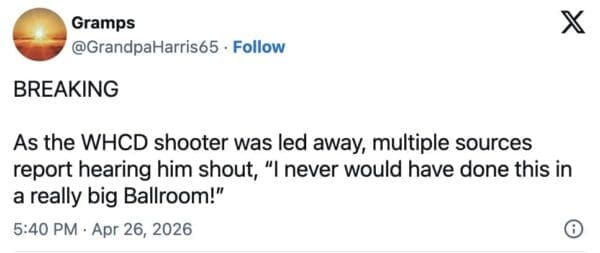 A mock breaking news report text layout from user Gramps jokes about a high-profile security suspect claiming they never would have committed an offense if the venue had featured a really big ballroom.