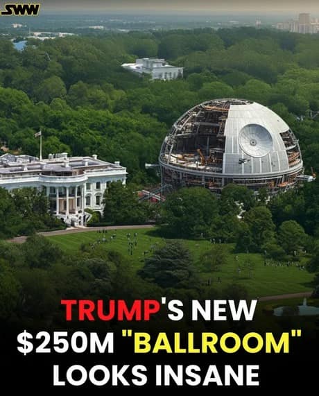 An aerial view of the White House grounds shows a giant Star Wars Death Star structure edited into the trees with text hyping a custom two-hundred-and-fifty-million-dollar Trump ballroom meme.