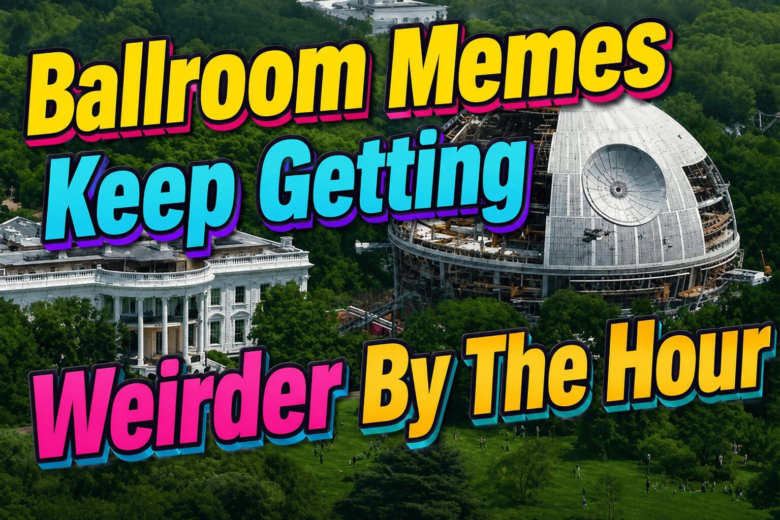A definitive Trump ballroom memes dump compiling the internet's most viral reactions to the political architectural quote, highlighted by a physical protest sign depicting Donald Trump as Queen Marie Antoinette, a multi-panel drowning webcomic weighed down by inflation, and an aerial view of the White House lawn edited with a Star Wars Death Star structure.