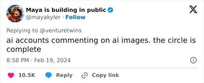 A tweet by Maya is building in public about AI accounts commenting on AI images.