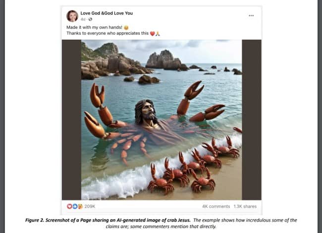 An AI-generated image of a giant crab-bodied Jesus rising from the ocean waves.