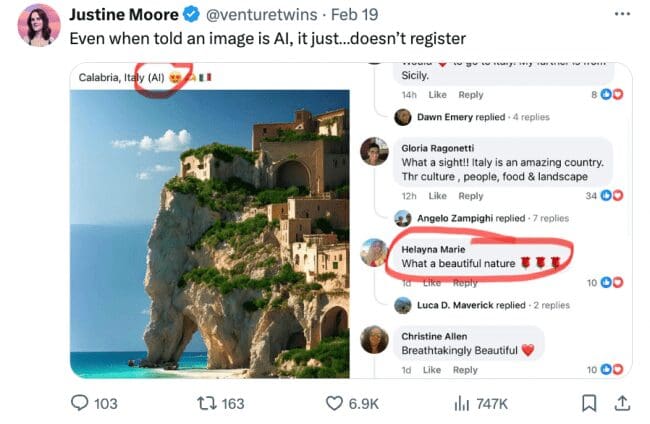 Social media post of an AI Italian landscape with comments praising the beautiful nature.