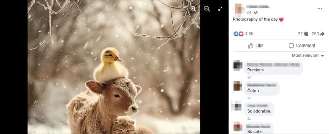 AI image of a duckling sitting on a calf’s head with snowy background and comments.