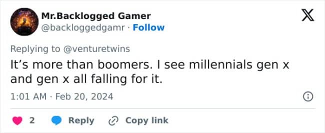 A tweet stating that millennials and Gen X are also falling for AI-generated Facebook posts.