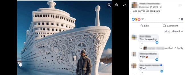 AI-generated image of a massive hand-carved ice sculpture of a cruise ship.