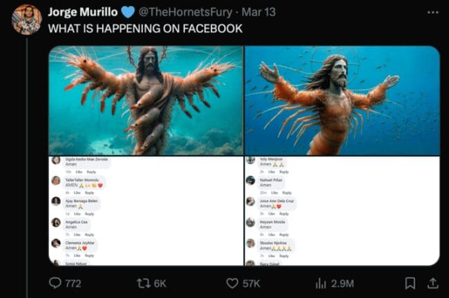 Two images of AI "Shrimp Jesus" with hundreds of "Amen" comments from Facebook users.