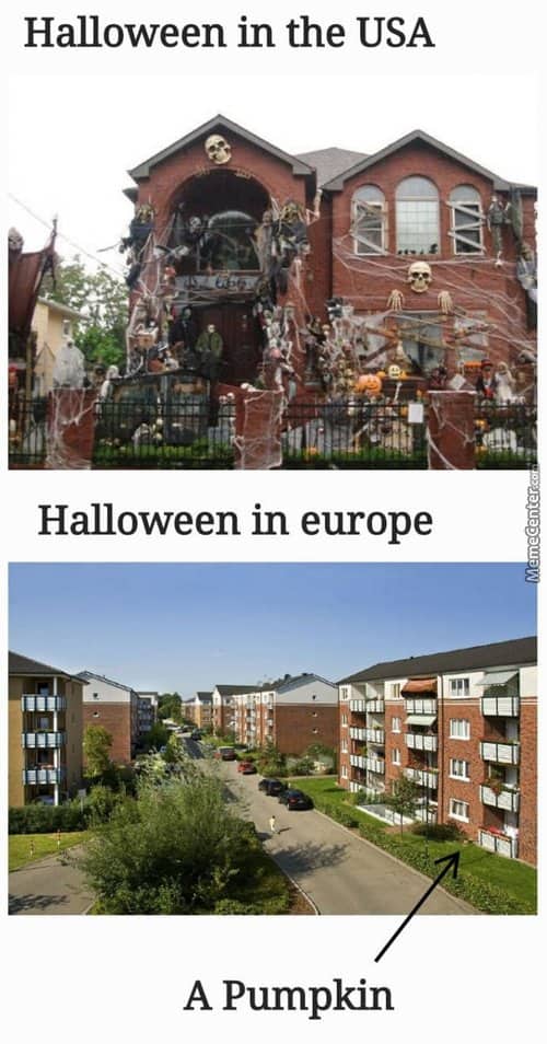 Two panels contrasting an over-decorated house in America with a plain European apartment street.