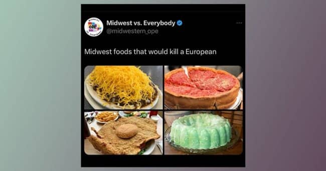 A four-panel social media post displaying unique Midwestern American foods like deep dish pizza.