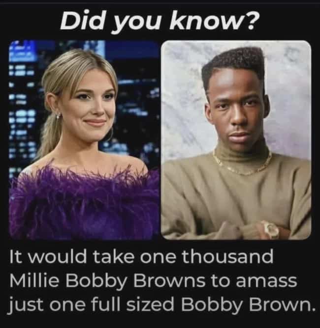 A satirical trivia meme comparing the volume of Millie Bobby Brown to a full-sized Bobby Brown.