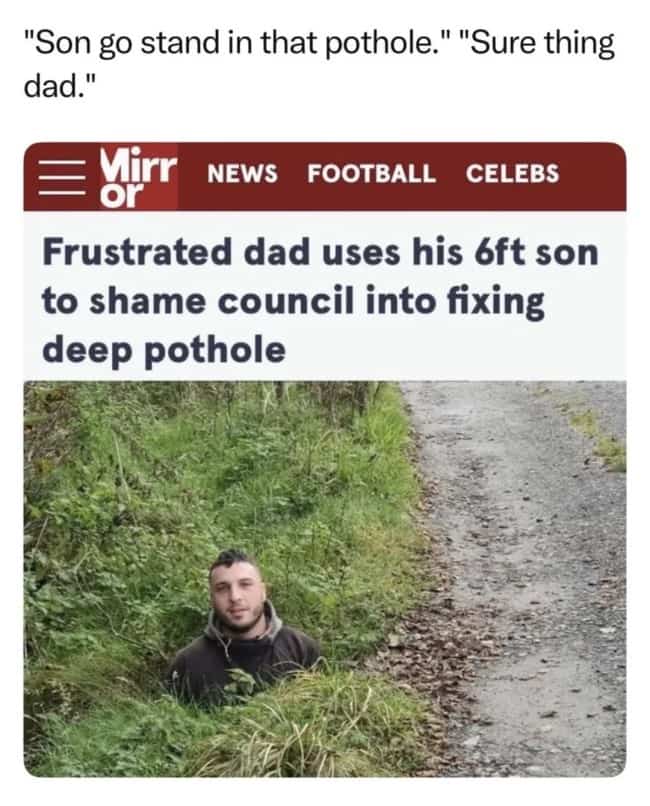 A British newspaper article showing a young man submerged inside a massive roadside ditch for scale.