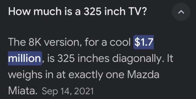 A screenshot of a search result explaining that a large luxury TV weighs exactly one Mazda Miata.