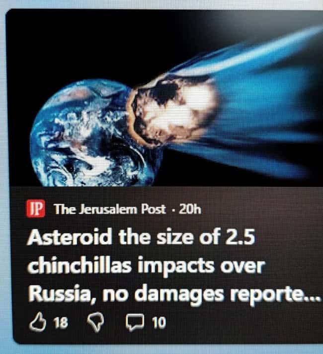 A news headline reporting on a small space rock entry using chinchillas as a scale.