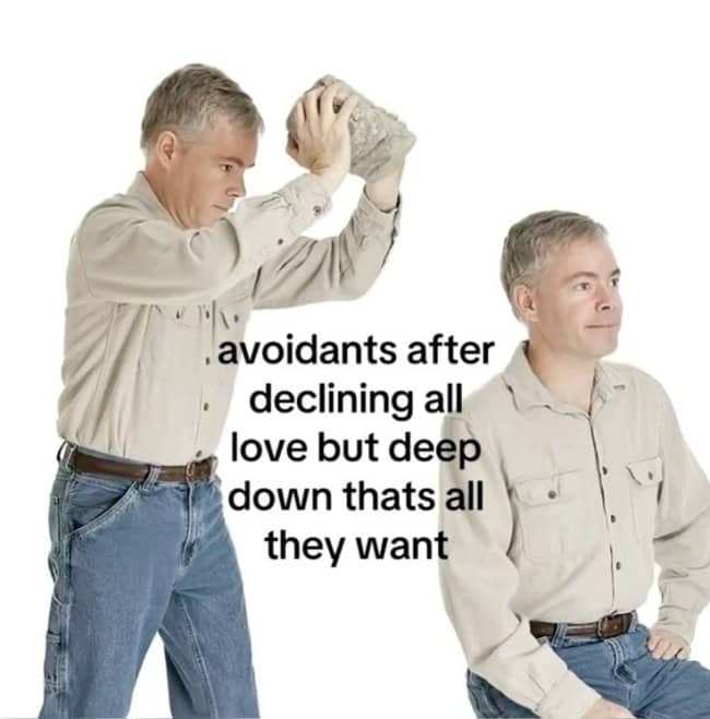 A two-panel meme of a man dropping a stone and then sitting, with avoidant text.