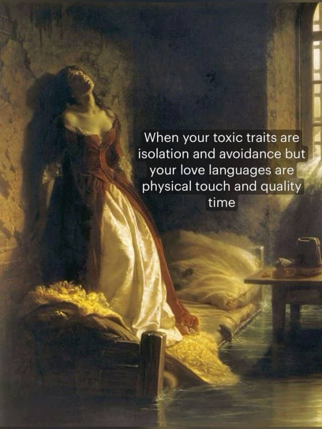 A classic painting meme with avoidant vs. love language text.