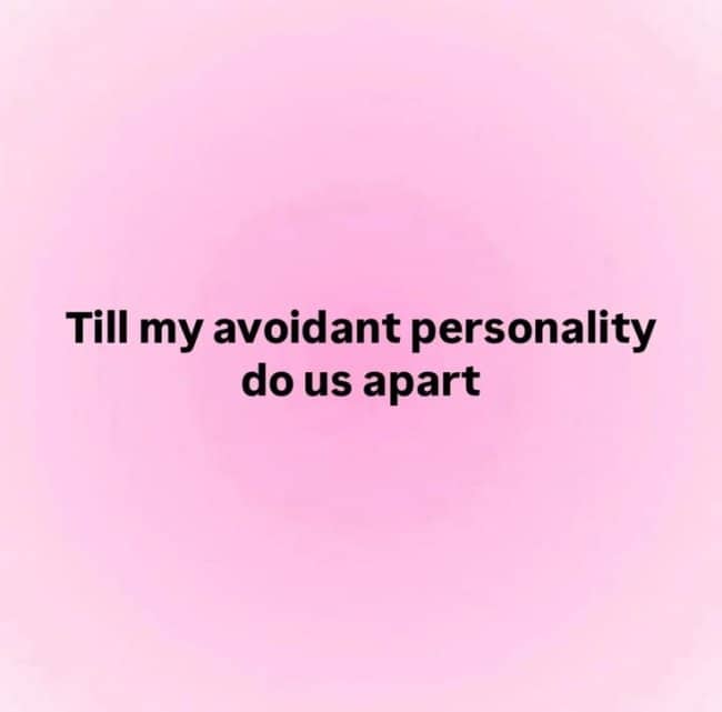 A text meme on a pink gradient with an avoidant twist on wedding vows.