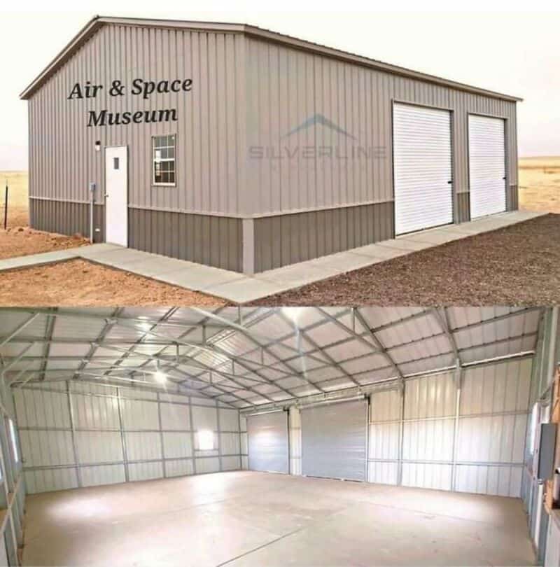 Exterior and interior of an empty metal shed humorously labeled as an Air and Space Museum.