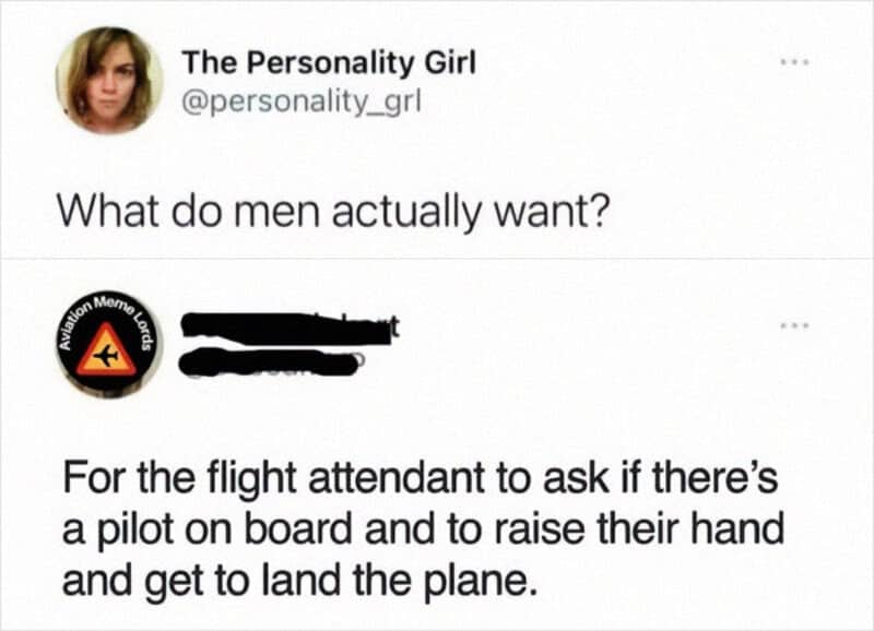 Twitter post joke about men wanting to raise their hand when a pilot is needed mid-flight.