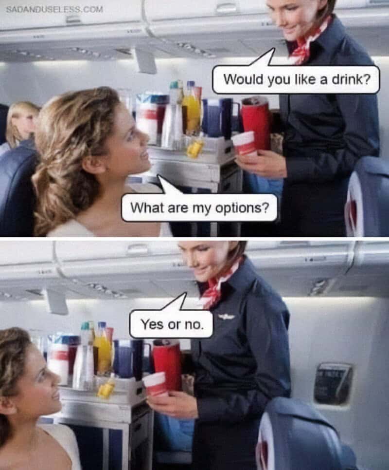 Two-panel comic where a flight attendant offers a drink and says the only options are yes or no.