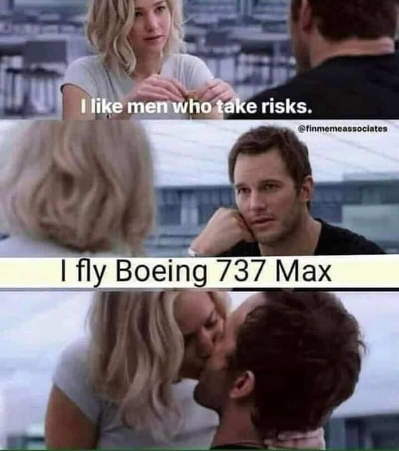 Movie meme featuring Chris Pratt and Jennifer Lawrence joking about the risks of flying Boeing 737 Max.