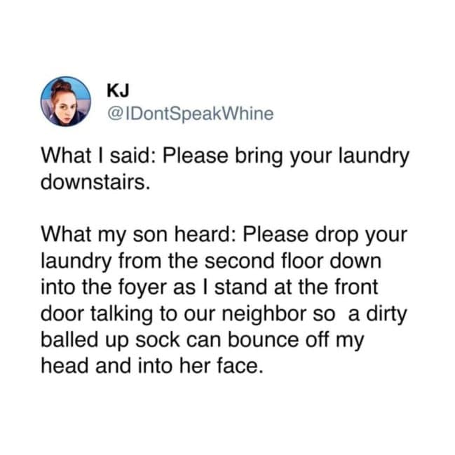 KJ’s tweet about her son literally throwing a dirty sock into a neighbor's face, perfectly illustrating the chaos of domestic awkward moments.