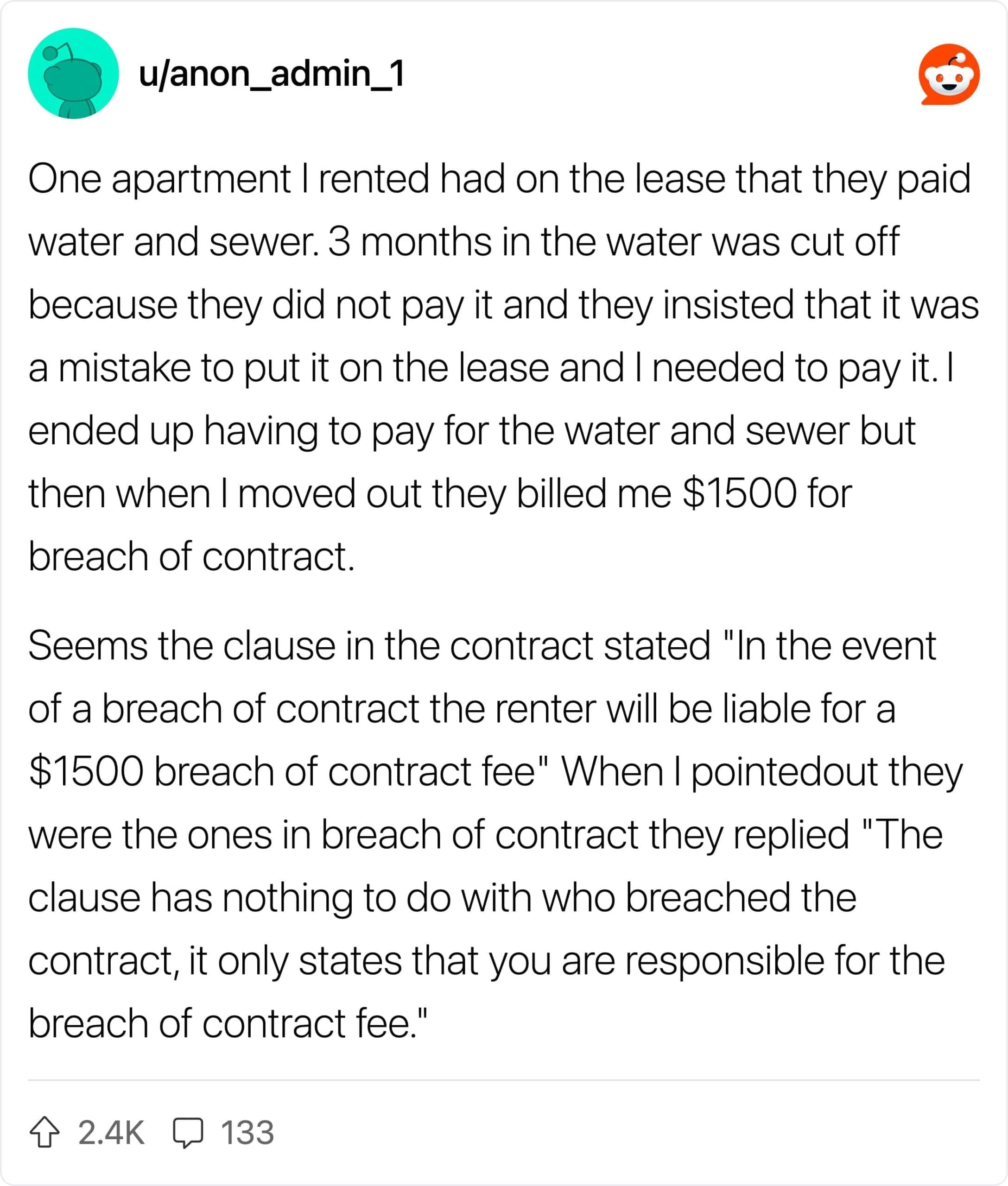 An image of a Reddit post about a landlord breaching contract and charging the tenant.