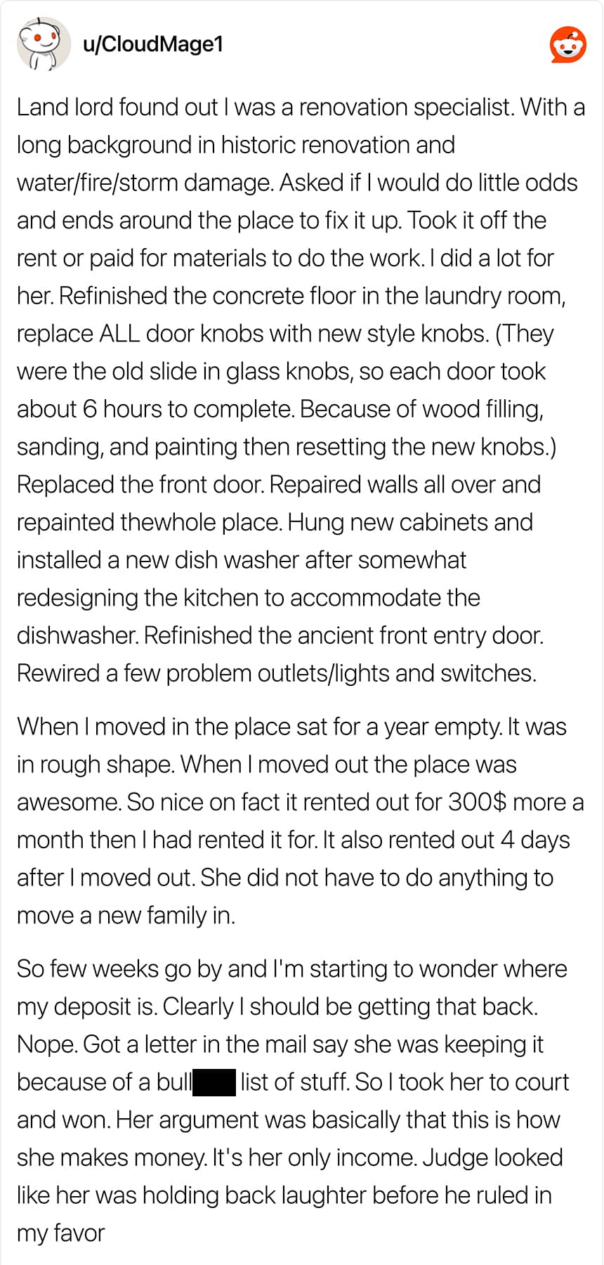 An image of a Reddit post about a landlord who stole a tenant’s deposit and lost in court.
