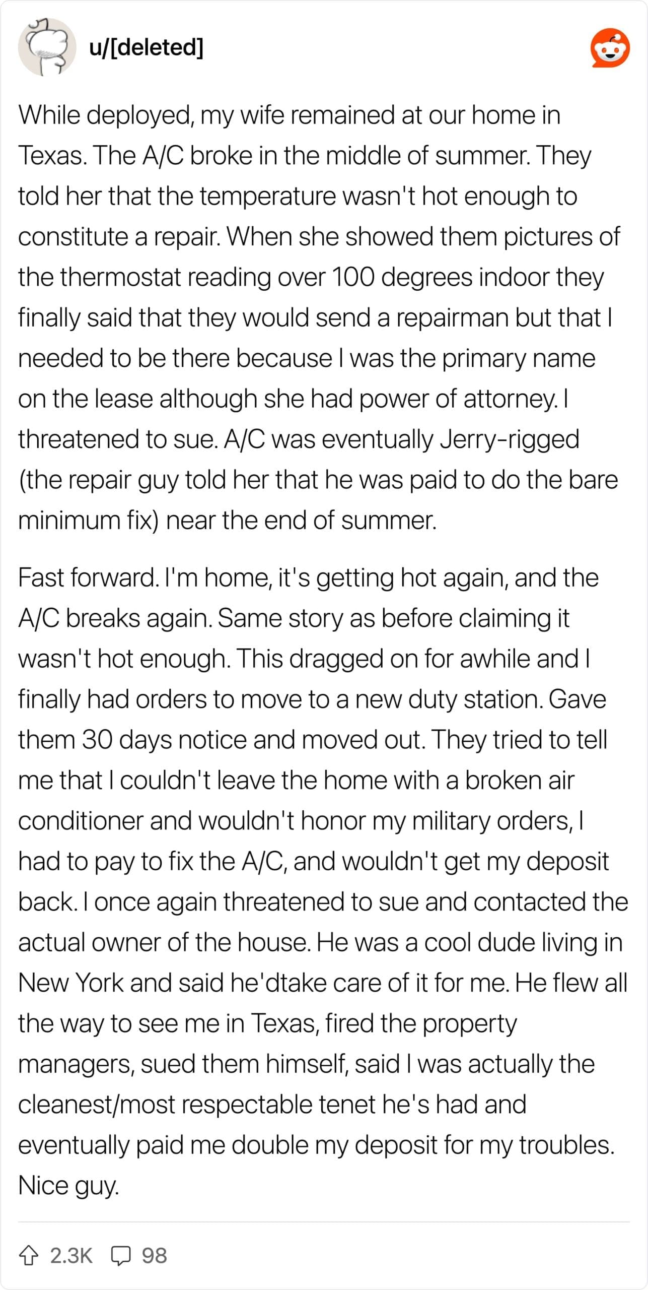 An image of a Reddit post about a property manager in Texas whose AC didn’t get fixed.