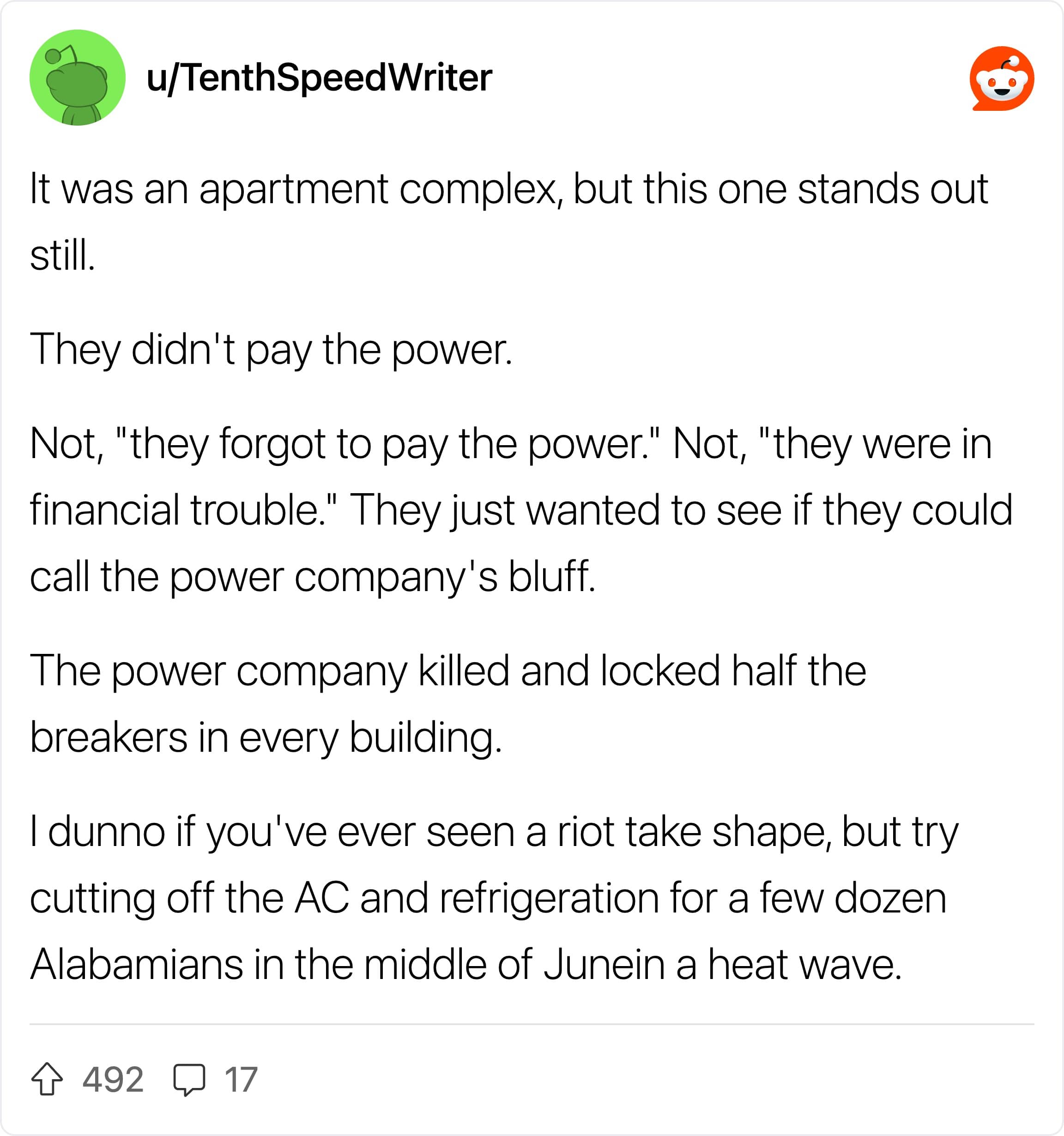 An image of a Reddit post about a property management company that cut off the power.