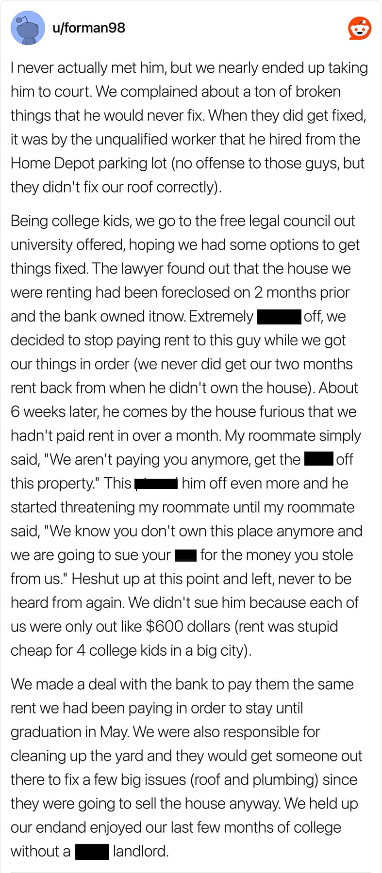 An image of a Reddit post about a landlord who didn’t own the house he was renting.