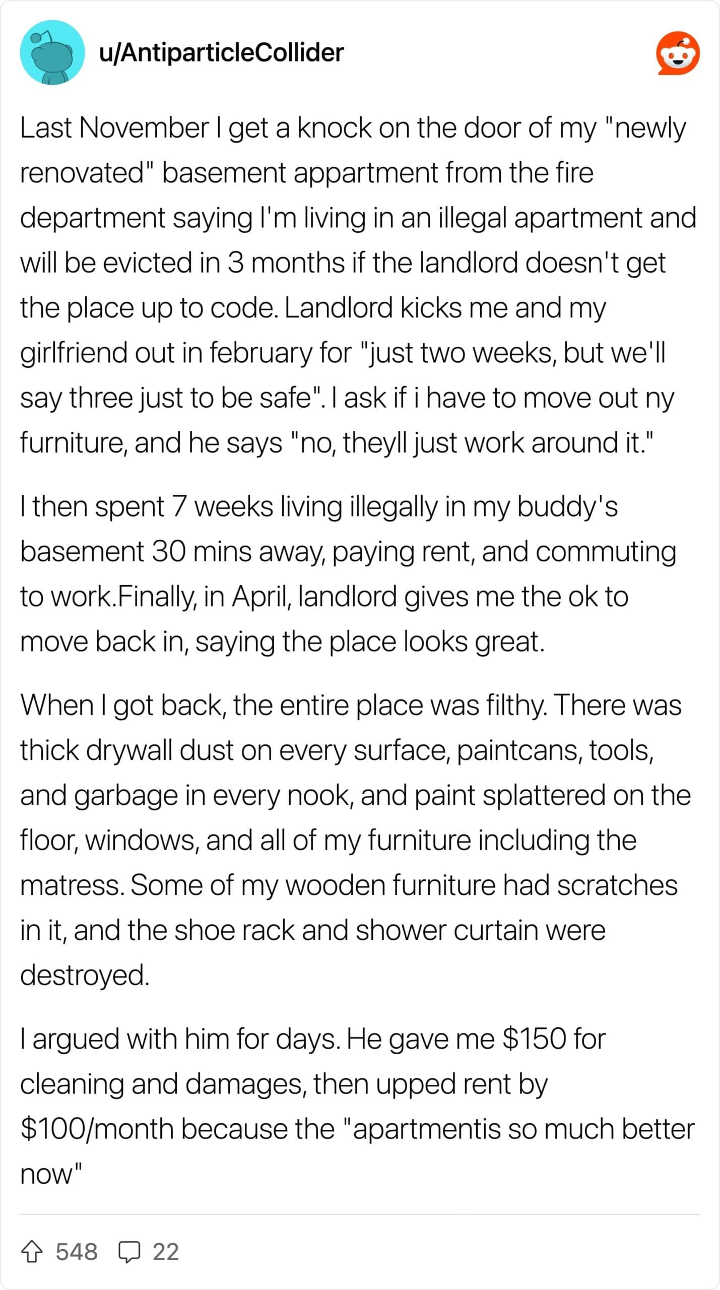 An image of a Reddit post about an illegal basement apartment that was left filthy by the landlord.