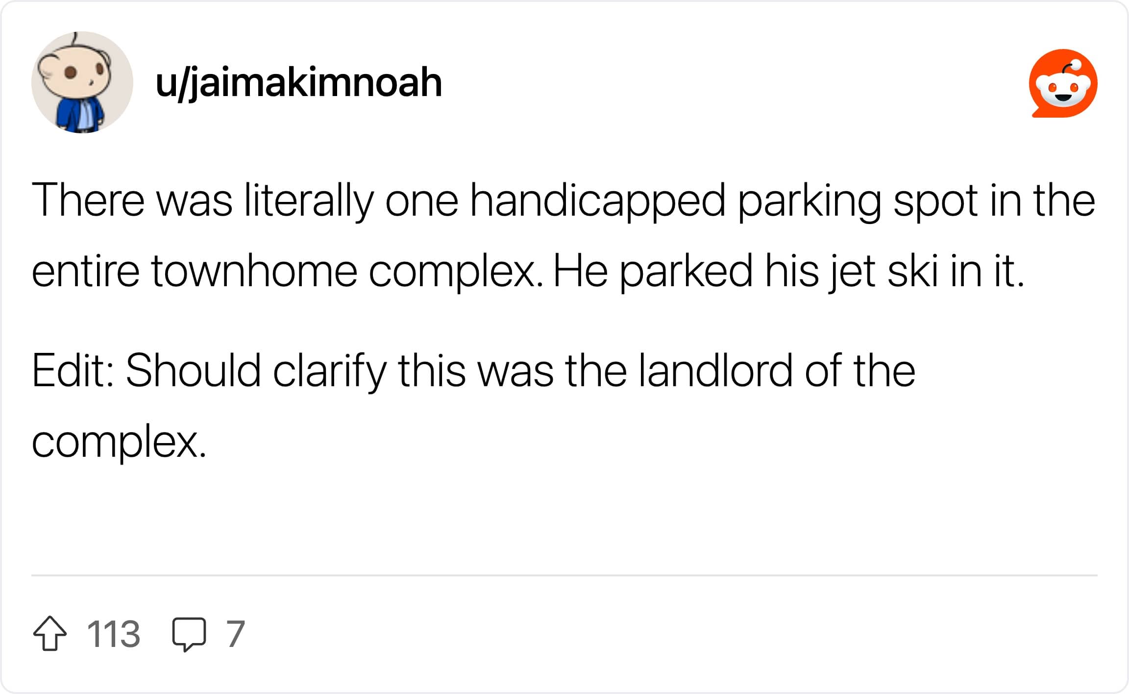 An image of a Reddit post about a landlord who parked his jet ski in a handicapped spot.